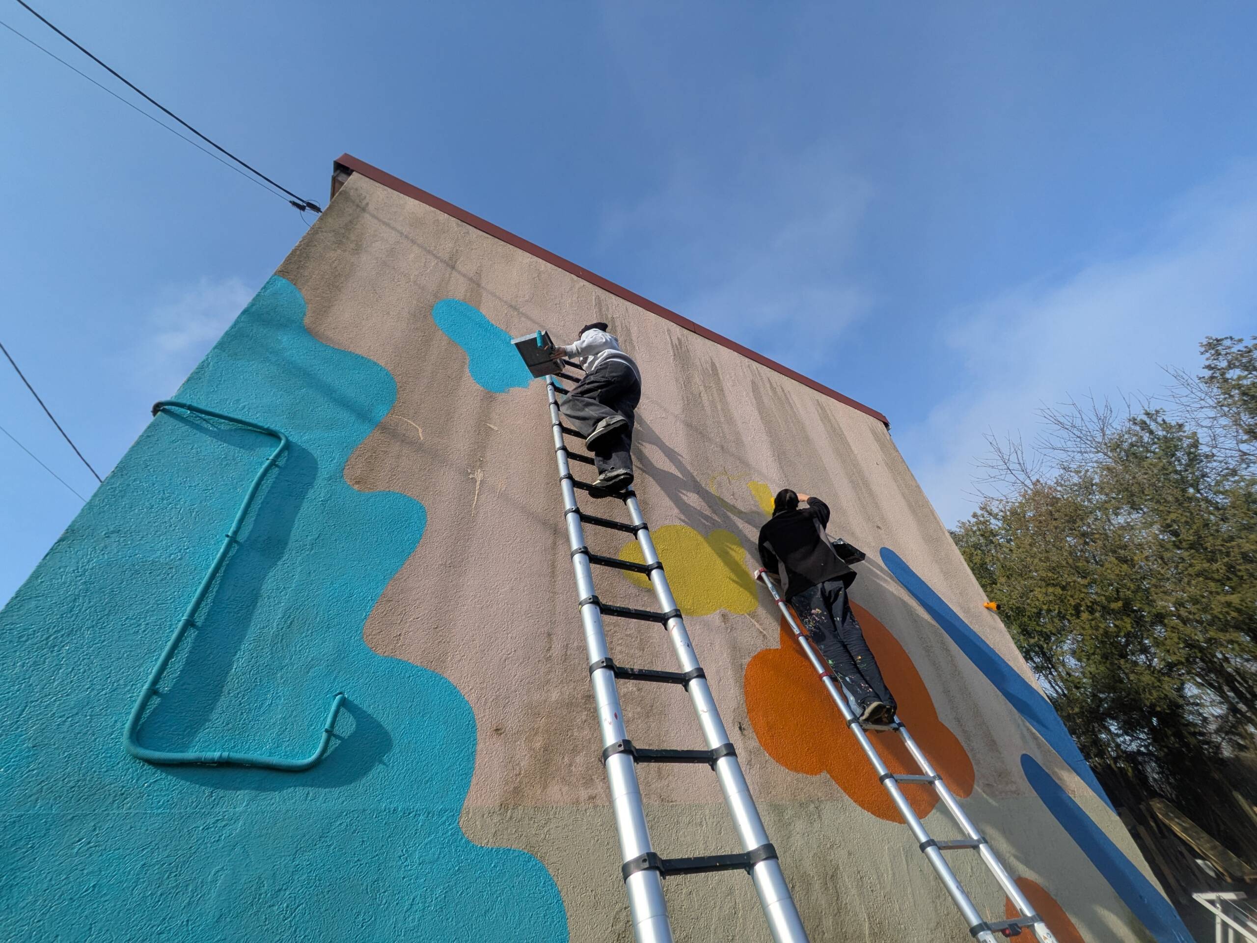 Fresque murale en extérieur, pour la façade de la pension canine PawsitiveJob de l'association Solivet. Une oeuvre d'art aux forme abstraites colorées, et aux lignes noires qui reprennent le logo de Solivet : une tête de chien et des mains.
