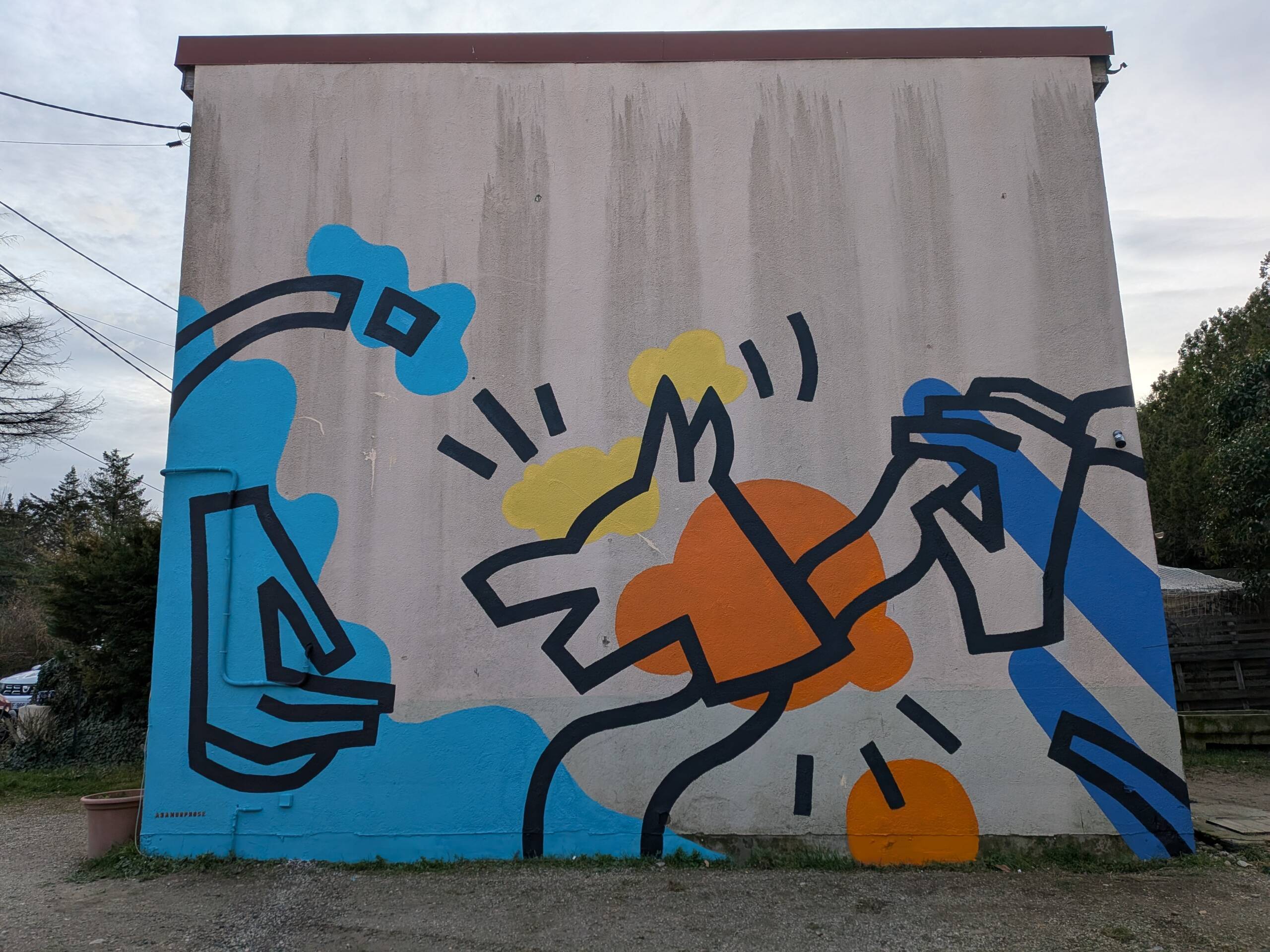 Anamorphose X Solivet. Fresque murale en extérieur, pour la façade de la pension canine PawsitiveJob de l'association Solivet. Une oeuvre d'art aux forme abstraites colorées, et aux lignes noires qui reprennent le logo de Solivet : une tête de chien et des mains.