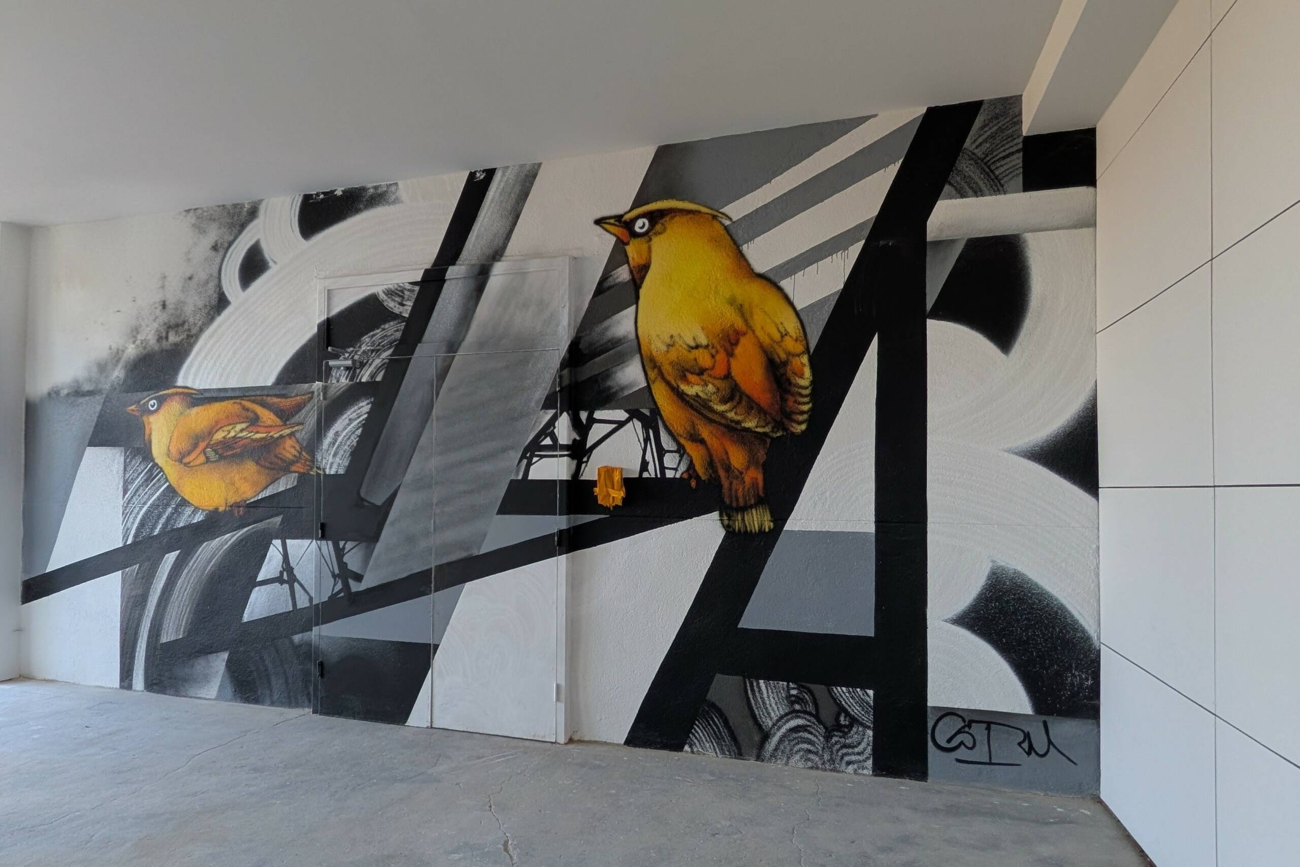 Fresque par le porteur de projets Anamorphose et l'artiste Osru. Fond abstrait noir et blanc, deux oiseaux, des chardonnerets jaunes.