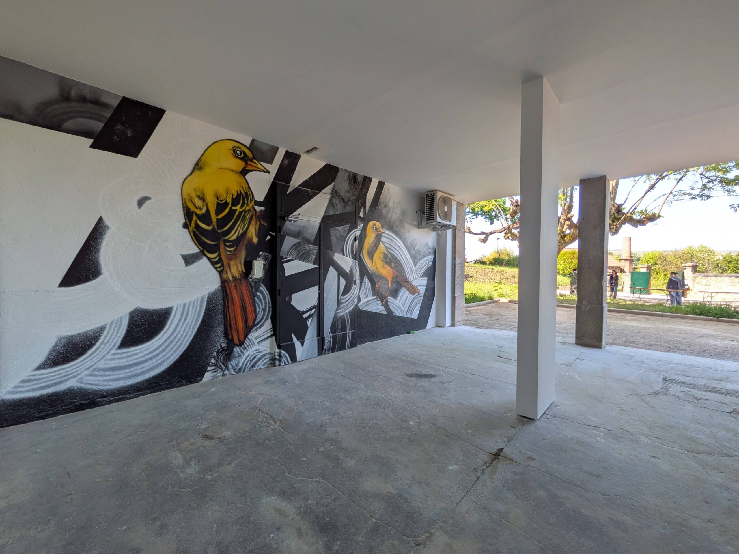 Fresque par le porteur de projets Anamorphose et l'artiste Osru. Fond abstrait noir et blanc, deux oiseaux, des chardonnerets jaunes.